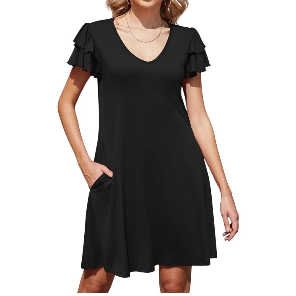 NIVYEE Casual A-Line Casual Dress, Flutter Sleeves, Pockets, Black, Size Medium